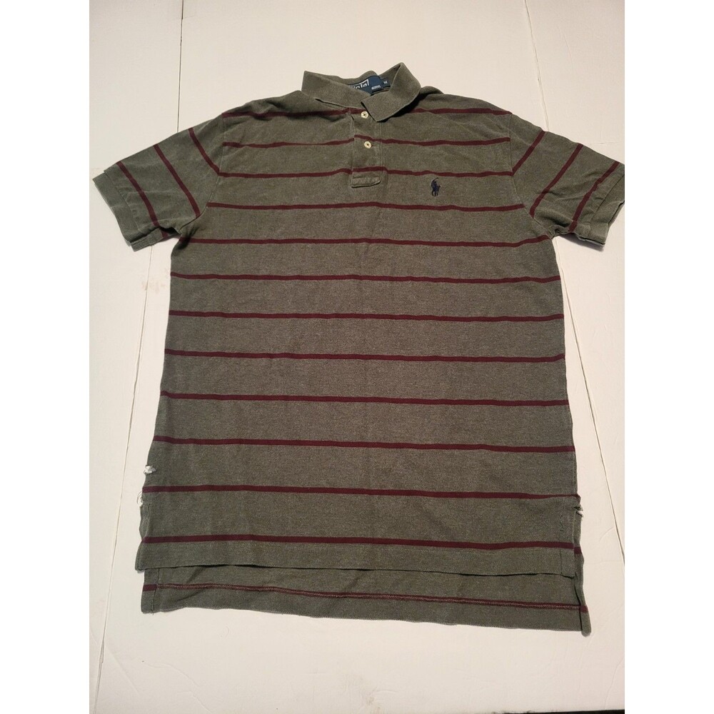 (#16)  Polo By Ralph Lauren Short Sleeve Green With Burgundy Stripes Men's M